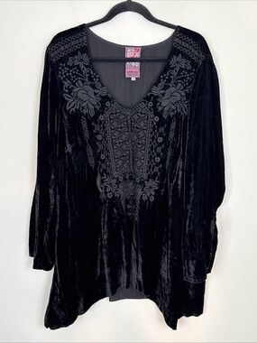 Johnny Was Tunic Top Womens 2X Black Velvet Floral Embroidered Western Boho